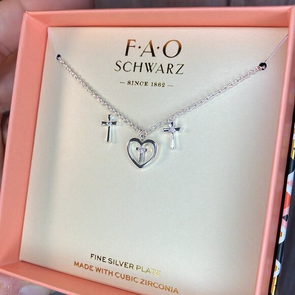 FAO Schwarz Open Heart Cross Pendant & Cross Earring Set in Fine Silver Plating - Picture 3 of 6